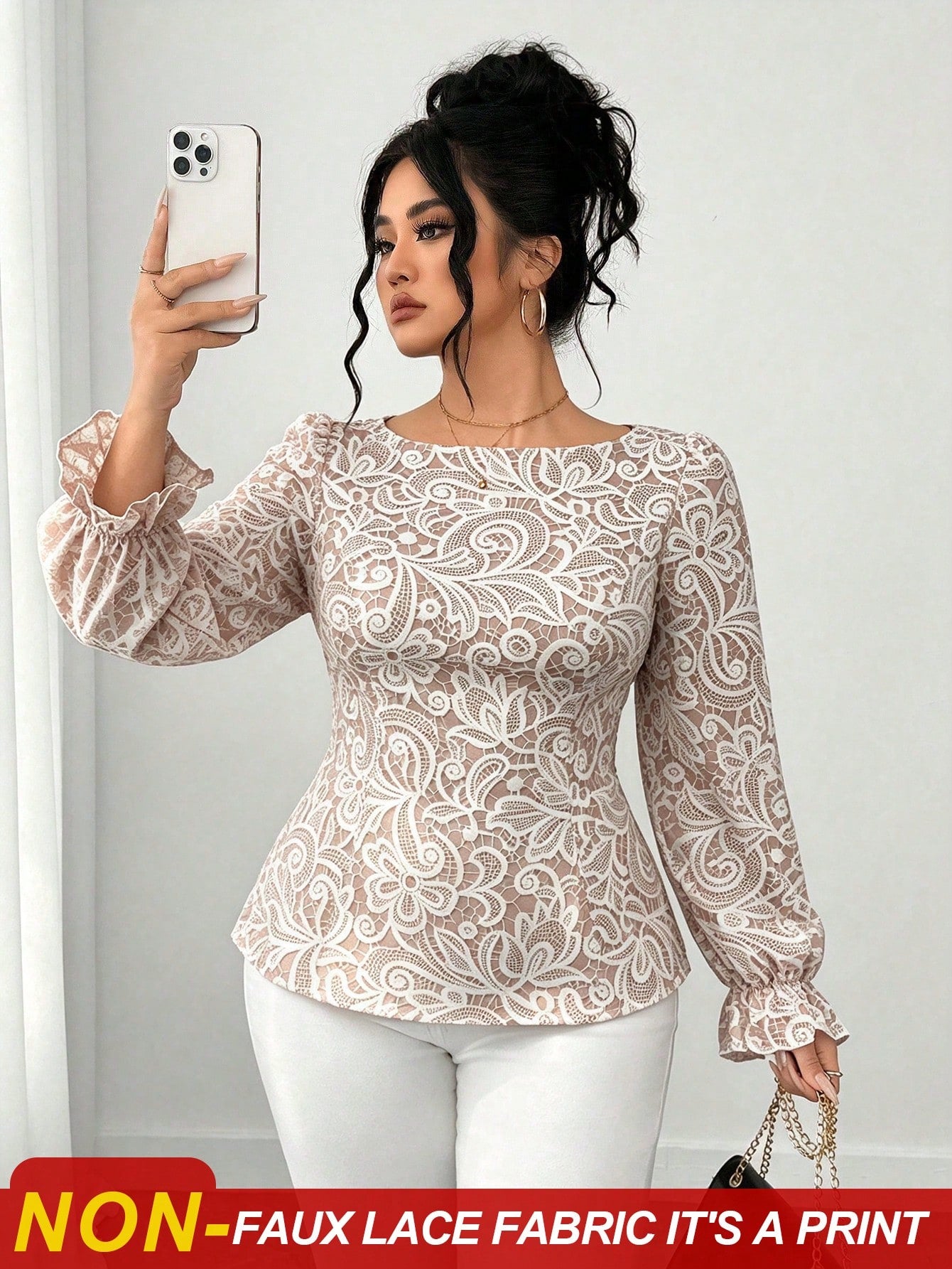Elenzga Plus Size Women's Elegant Waist-Cinched Long Sleeve Lace-Trimmed Tie-Front Apricot Floral Print Blouse, Suitable For Daily Commute, Outings, Dates, Gatherings, Vacations And More
