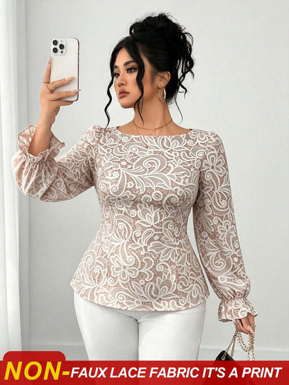 Elenzga Plus Size Women's Elegant Waist-Cinched Long Sleeve Lace-Trimmed Tie-Front Apricot Floral Print Blouse, Suitable For Daily Commute, Outings, Dates, Gatherings, Vacations And More