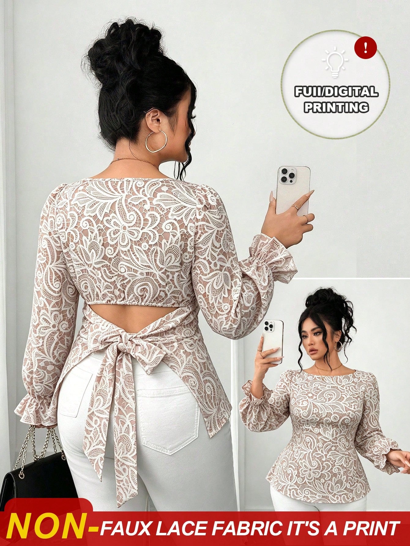 Elenzga Plus Size Women's Elegant Waist-Cinched Long Sleeve Lace-Trimmed Tie-Front Apricot Floral Print Blouse, Suitable For Daily Commute, Outings, Dates, Gatherings, Vacations And More