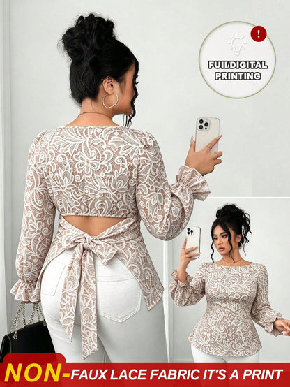 Elenzga Plus Size Women's Elegant Waist-Cinched Long Sleeve Lace-Trimmed Tie-Front Apricot Floral Print Blouse, Suitable For Daily Commute, Outings, Dates, Gatherings, Vacations And More