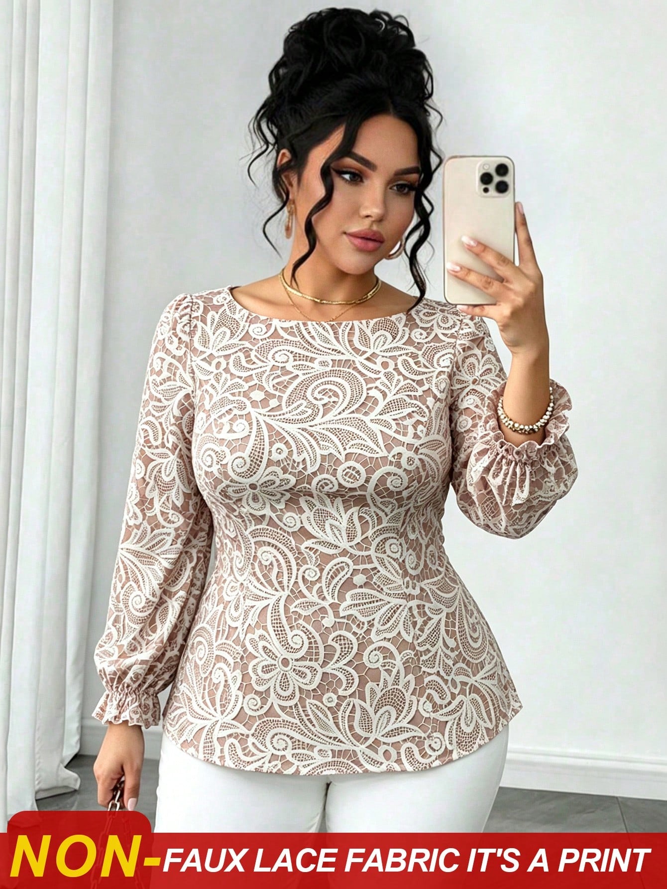 Elenzga Plus Size Women's Elegant Waist-Cinched Long Sleeve Lace-Trimmed Tie-Front Apricot Floral Print Blouse, Suitable For Daily Commute, Outings, Dates, Gatherings, Vacations And More