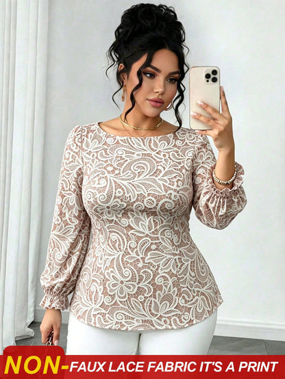 Elenzga Plus Size Women's Elegant Waist-Cinched Long Sleeve Lace-Trimmed Tie-Front Apricot Floral Print Blouse, Suitable For Daily Commute, Outings, Dates, Gatherings, Vacations And More