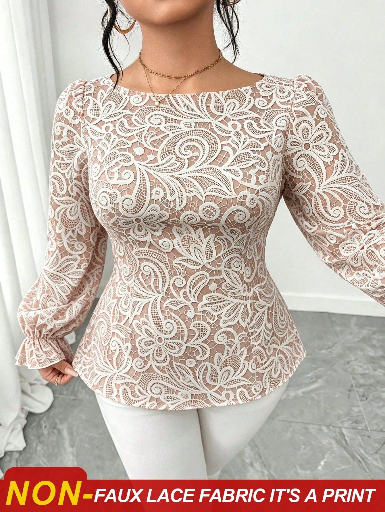 Elenzga Plus Size Women's Elegant Waist-Cinched Long Sleeve Lace-Trimmed Tie-Front Apricot Floral Print Blouse, Suitable For Daily Commute, Outings, Dates, Gatherings, Vacations And More