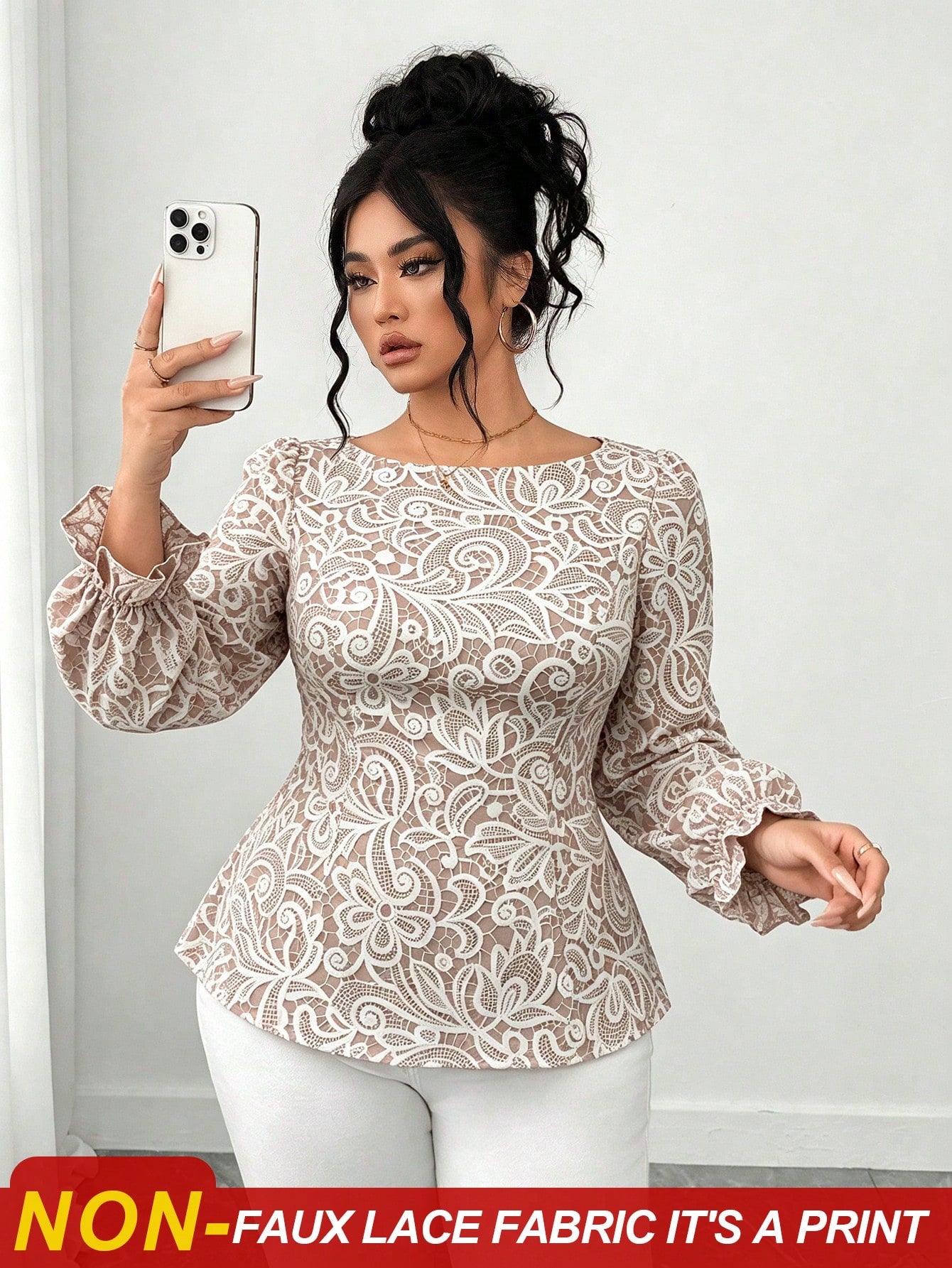 Elenzga Plus Size Women's Elegant Waist-Cinched Long Sleeve Lace-Trimmed Tie-Front Apricot Floral Print Blouse, Suitable For Daily Commute, Outings, Dates, Gatherings, Vacations And More