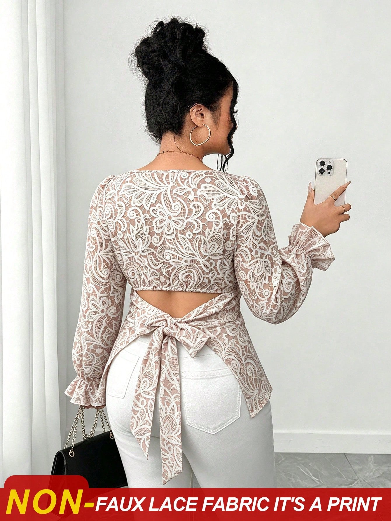Elenzga Plus Size Women's Elegant Waist-Cinched Long Sleeve Lace-Trimmed Tie-Front Apricot Floral Print Blouse, Suitable For Daily Commute, Outings, Dates, Gatherings, Vacations And More