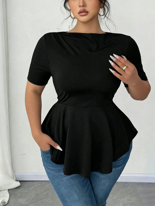 Elenzga Plus Size Women Sexy Business Casual Traditional Short Sleeve Asymmetrical Hem Waist Cinched Casual/Office Formal/Home/Outing T-Shirt Top Black Summer