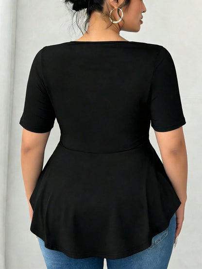 Elenzga Plus Size Women Sexy Business Casual Traditional Short Sleeve Asymmetrical Hem Waist Cinched Casual/Office Formal/Home/Outing T-Shirt Top Black Summer