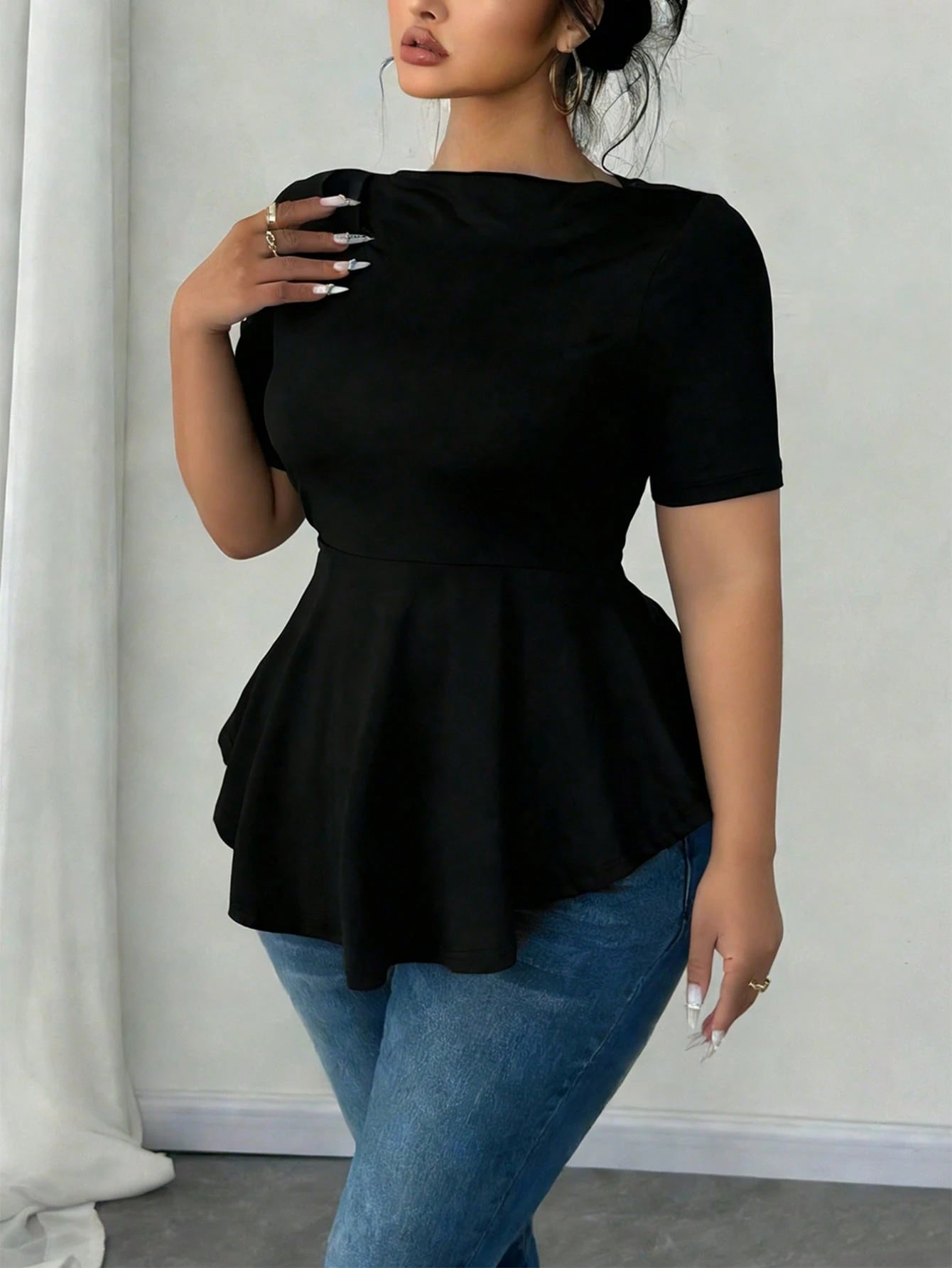 Elenzga Plus Size Women Sexy Business Casual Traditional Short Sleeve Asymmetrical Hem Waist Cinched Casual/Office Formal/Home/Outing T-Shirt Top Black Summer