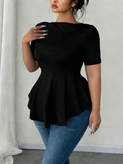 Elenzga Plus Size Women Sexy Business Casual Traditional Short Sleeve Asymmetrical Hem Waist Cinched Casual/Office Formal/Home/Outing T-Shirt Top Black Summer