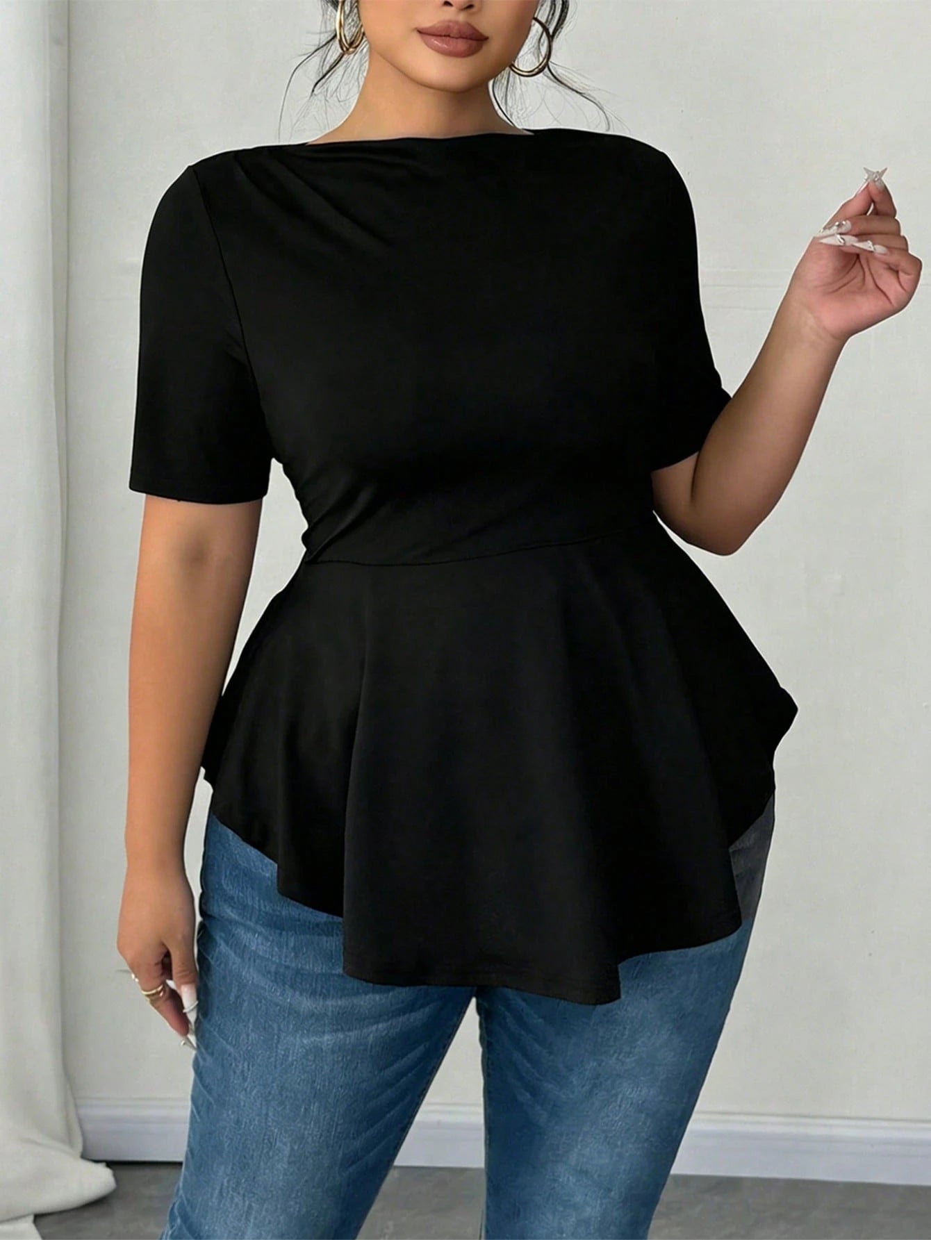 Elenzga Plus Size Women Sexy Business Casual Traditional Short Sleeve Asymmetrical Hem Waist Cinched Casual/Office Formal/Home/Outing T-Shirt Top Black Summer