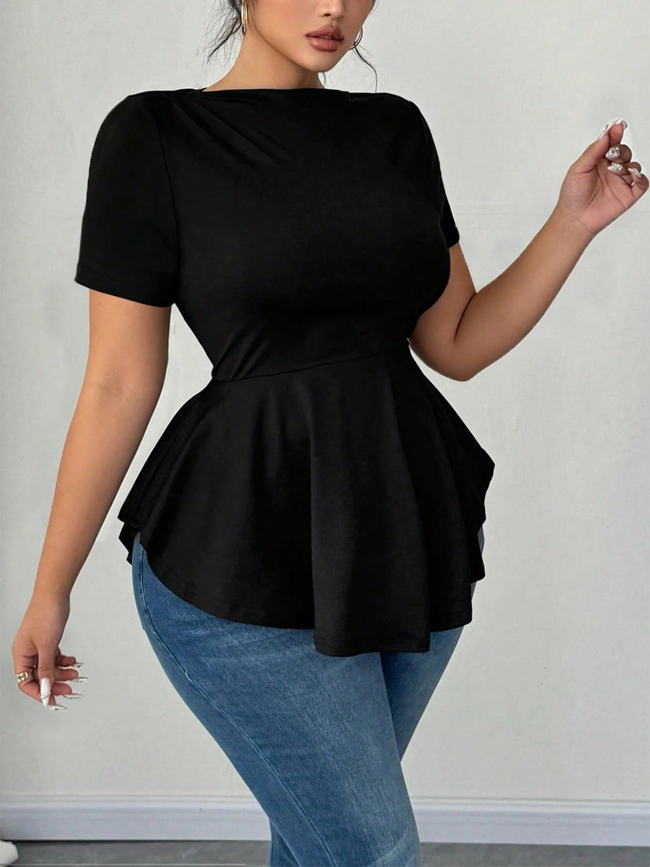 Elenzga Plus Size Women Sexy Business Casual Traditional Short Sleeve Asymmetrical Hem Waist Cinched Casual/Office Formal/Home/Outing T-Shirt Top Black Summer
