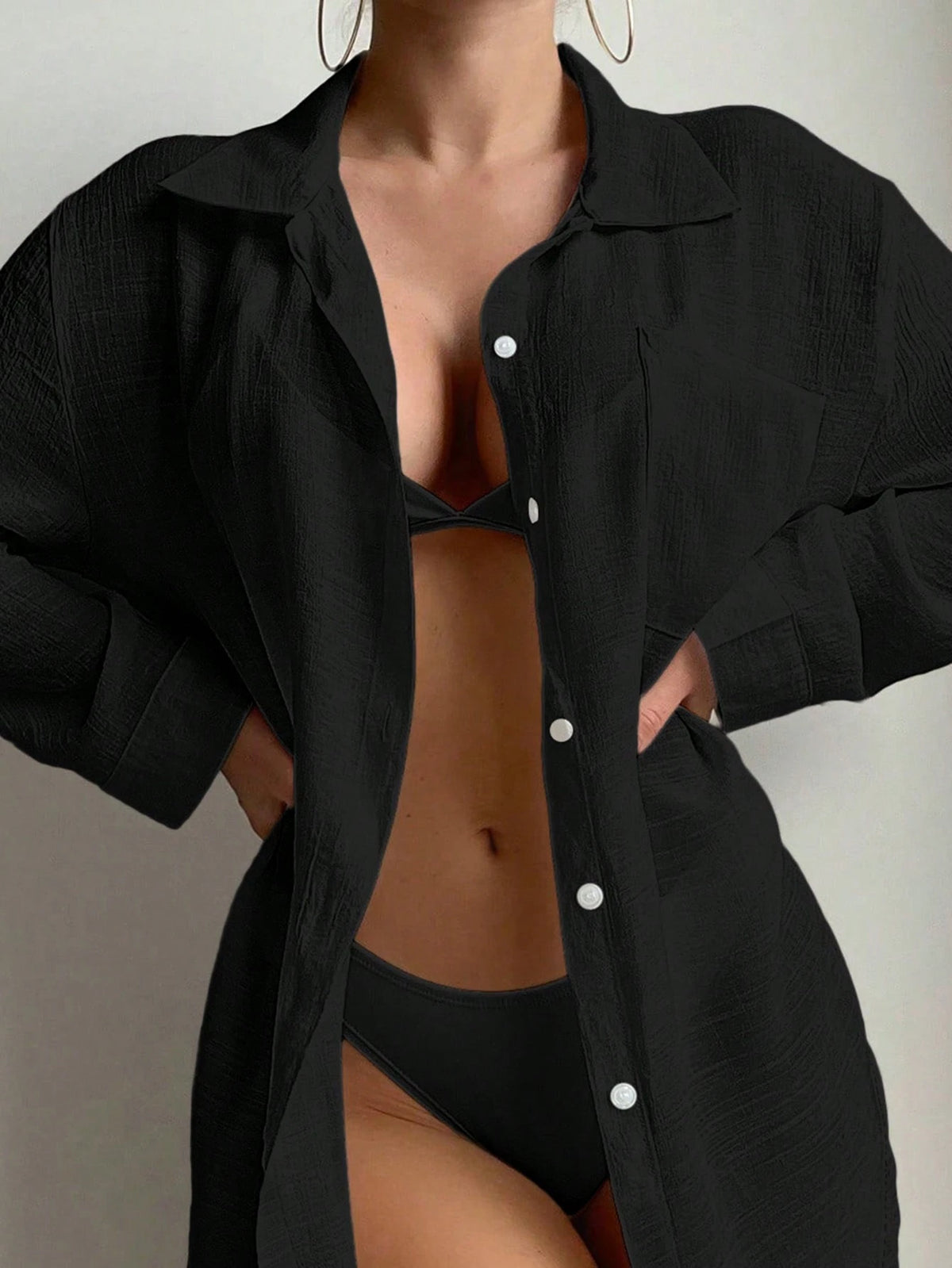 Elenzga Summer Beach Women's Kimono Style Shirt With Long Sleeve And Collar