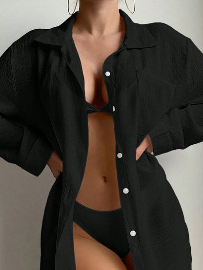 Elenzga Summer Beach Women's Kimono Style Shirt With Long Sleeve And Collar