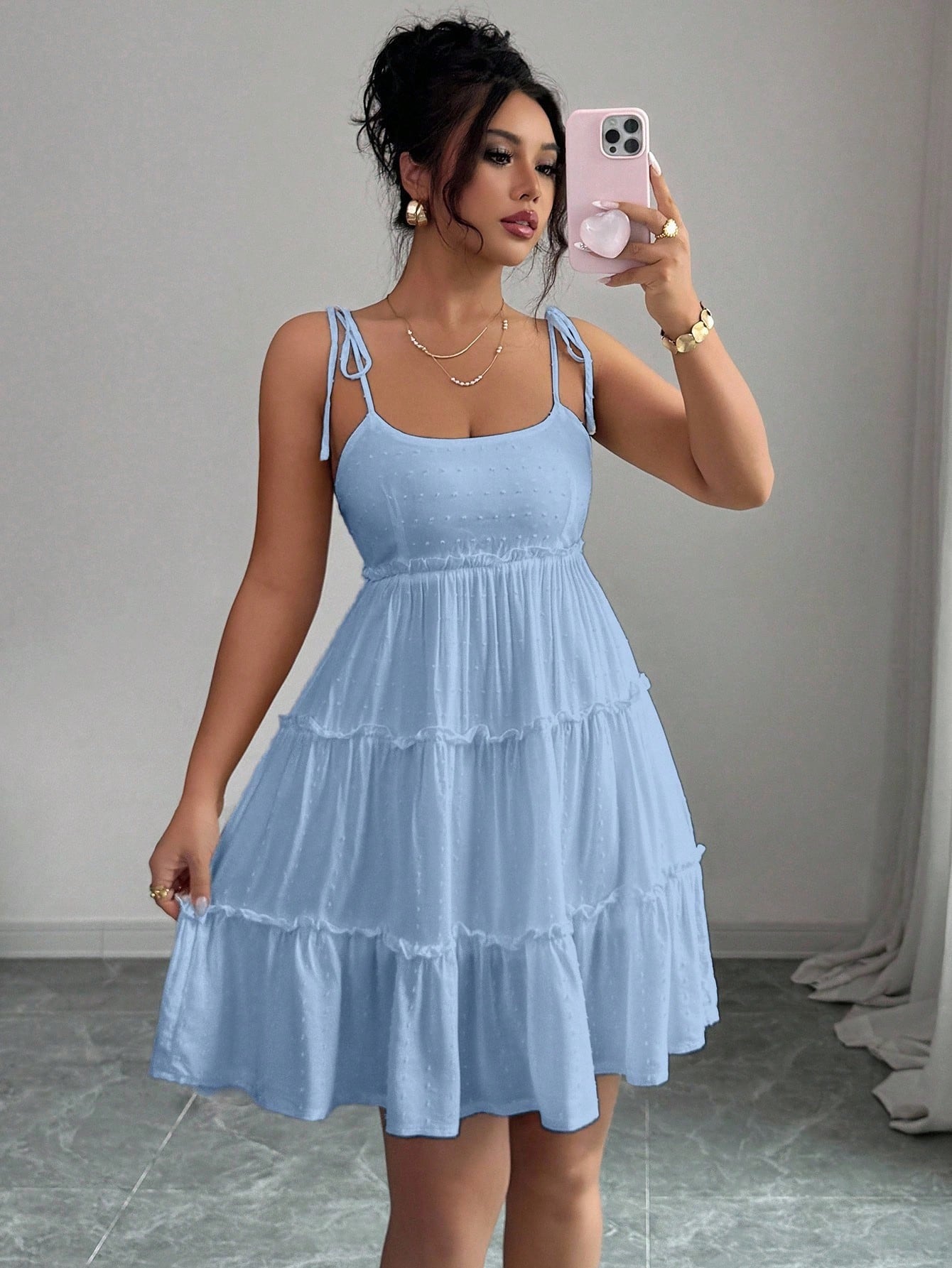 Elenzga Swiss Dot Frill Trim Cami Dress Vacation Beach Outfits Women