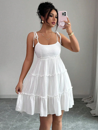 Elenzga Swiss Dot Frill Trim Cami Dress Vacation Beach Outfits Women