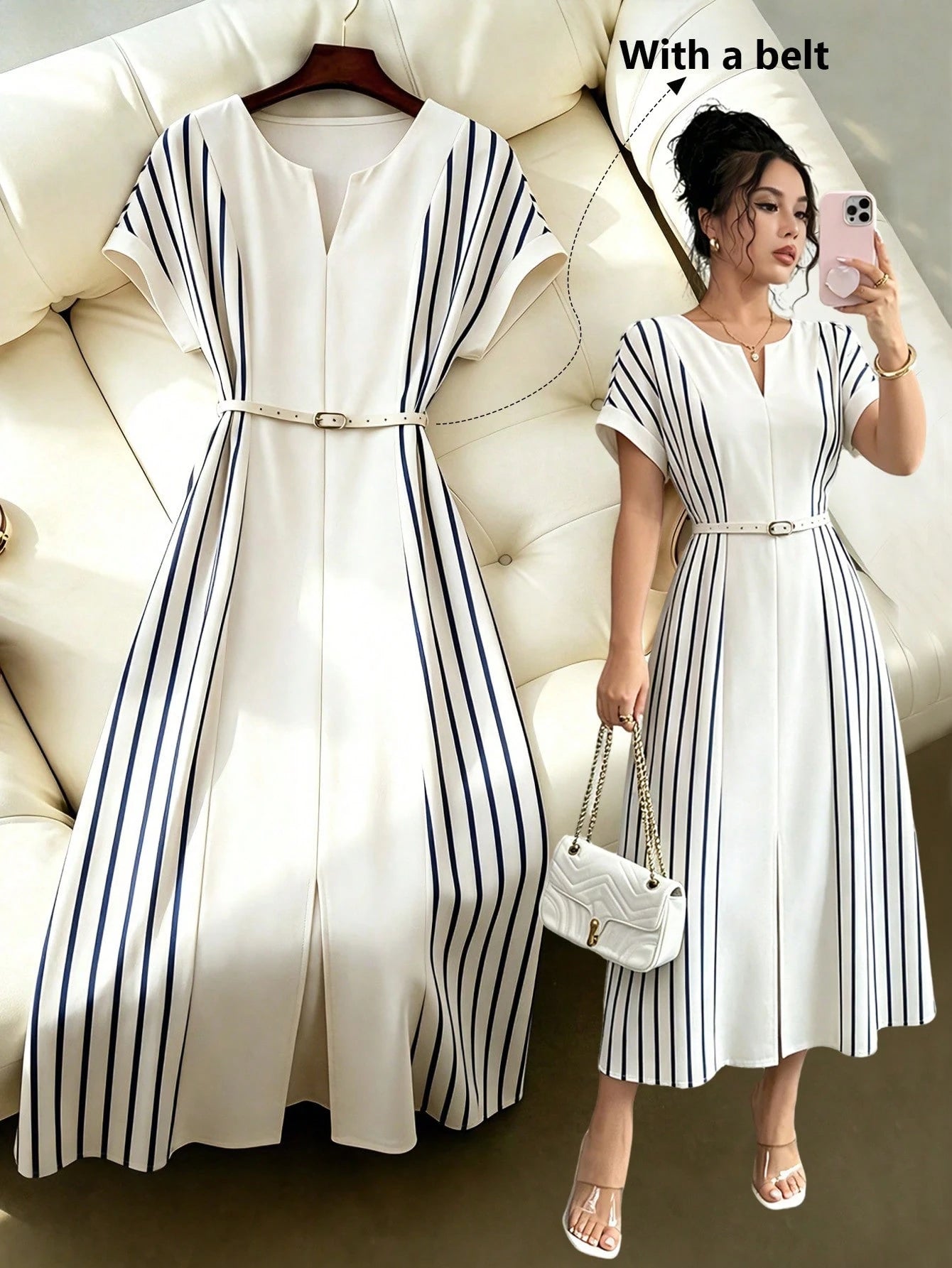 Elenzga Women's Blue Striped Off-White Digital Print Patchwork V-Neck Shoulder Sleeve Belt Waist Loose A-Line Split Hem Elegant Summer Tea Party Dress