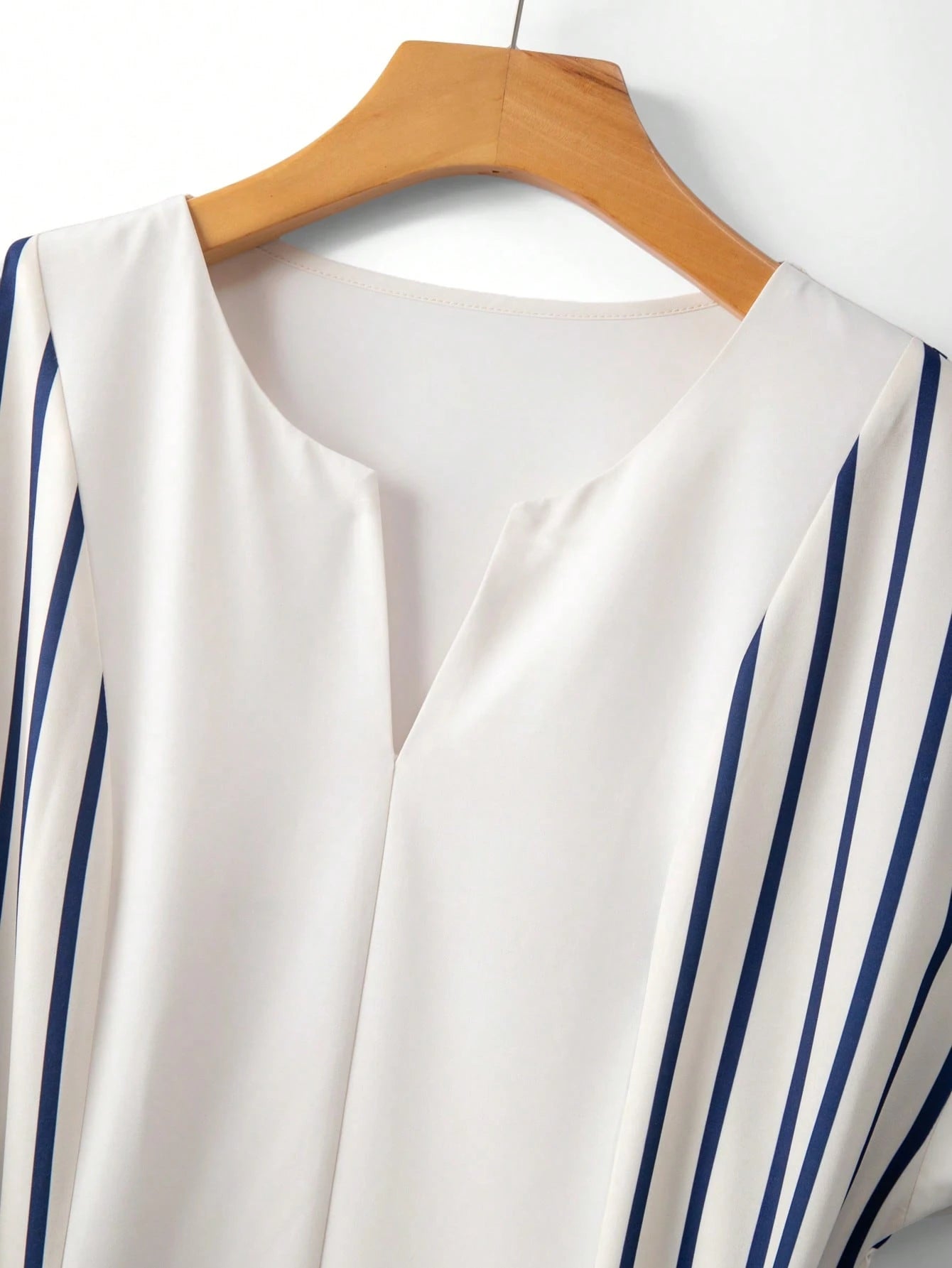 Elenzga Women's Blue Striped Off-White Digital Print Patchwork V-Neck Shoulder Sleeve Belt Waist Loose A-Line Split Hem Elegant Summer Tea Party Dress