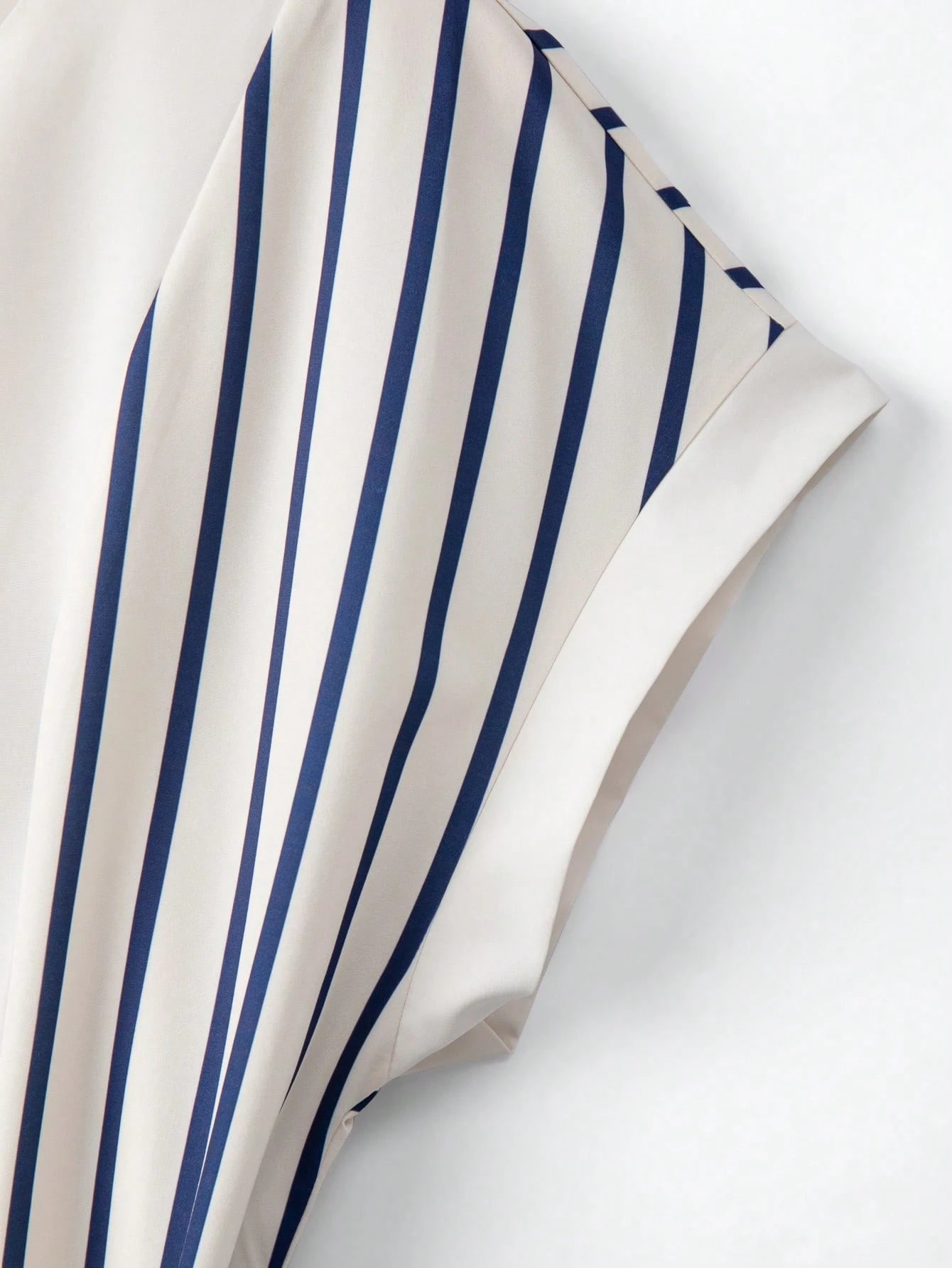 Elenzga Women's Blue Striped Off-White Digital Print Patchwork V-Neck Shoulder Sleeve Belt Waist Loose A-Line Split Hem Elegant Summer Tea Party Dress