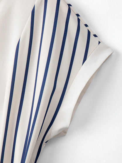 Elenzga Women's Blue Striped Off-White Digital Print Patchwork V-Neck Shoulder Sleeve Belt Waist Loose A-Line Split Hem Elegant Summer Tea Party Dress