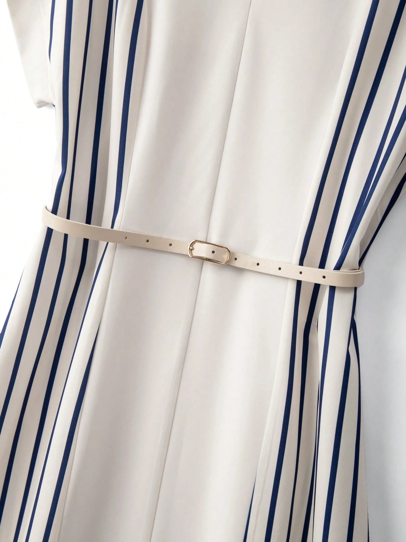 Elenzga Women's Blue Striped Off-White Digital Print Patchwork V-Neck Shoulder Sleeve Belt Waist Loose A-Line Split Hem Elegant Summer Tea Party Dress