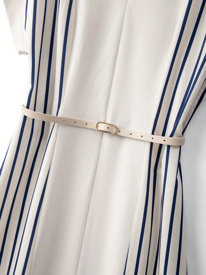 Elenzga Women's Blue Striped Off-White Digital Print Patchwork V-Neck Shoulder Sleeve Belt Waist Loose A-Line Split Hem Elegant Summer Tea Party Dress