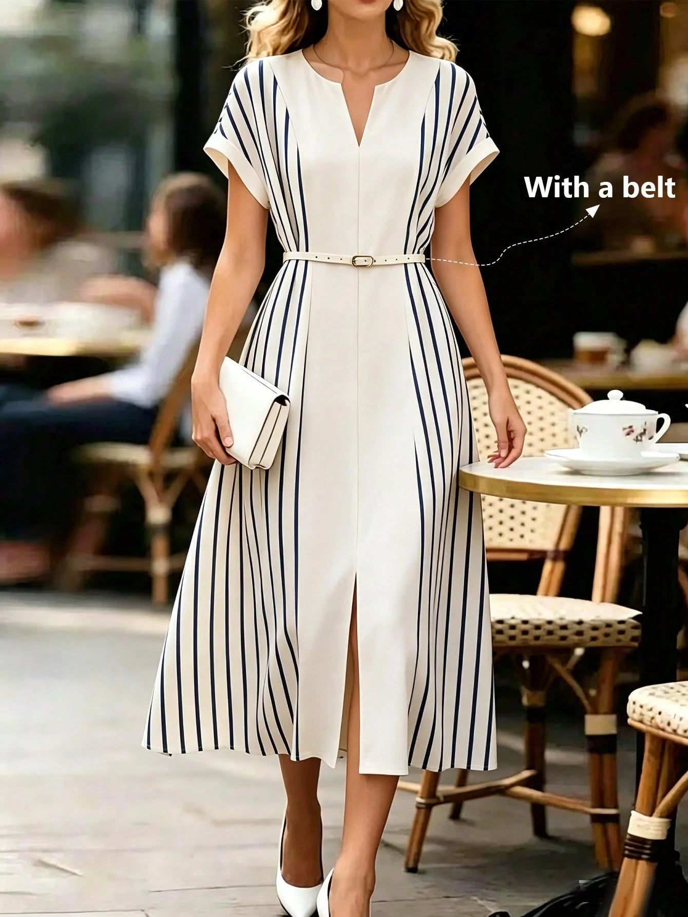Elenzga Women's Blue Striped Off-White Digital Print Patchwork V-Neck Shoulder Sleeve Belt Waist Loose A-Line Split Hem Elegant Summer Tea Party Dress