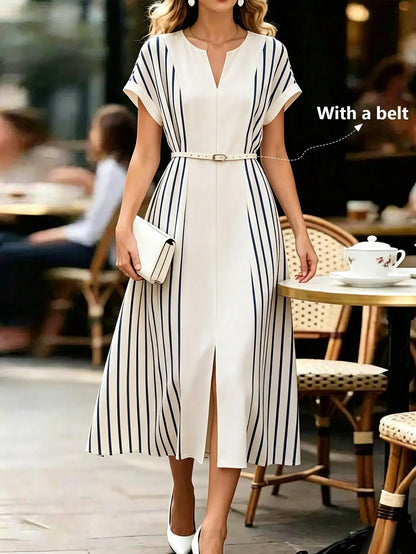 Elenzga Women's Blue Striped Off-White Digital Print Patchwork V-Neck Shoulder Sleeve Belt Waist Loose A-Line Split Hem Elegant Summer Tea Party Dress