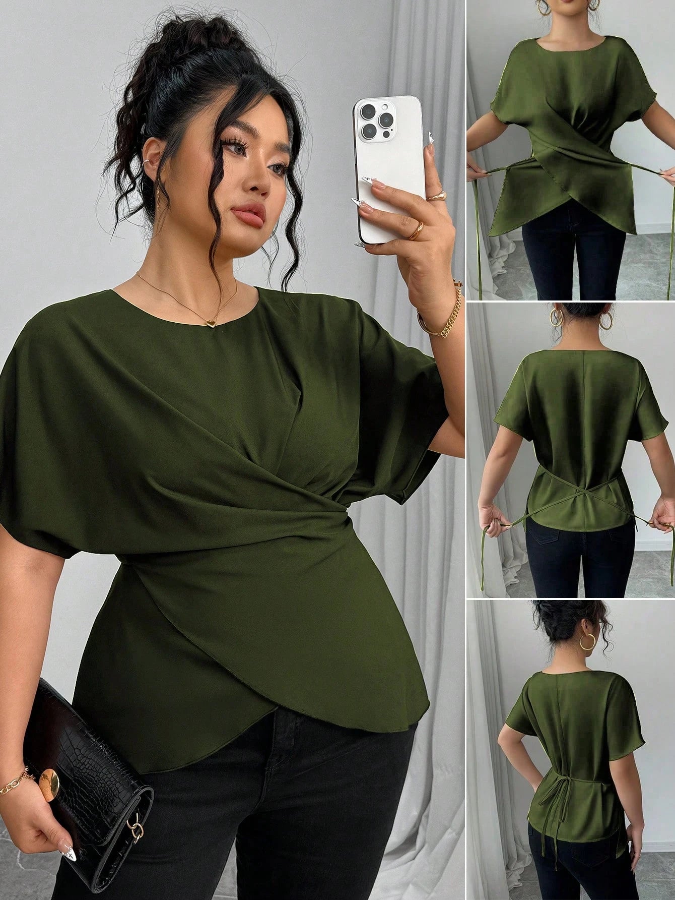 Elenzga Women's Elegant Army Green Summer Shirt,Office Drawstring Bowknot Waist Casual Tops,Work Comfortable Commuting Wrap Asymmetrical Fashion Tops