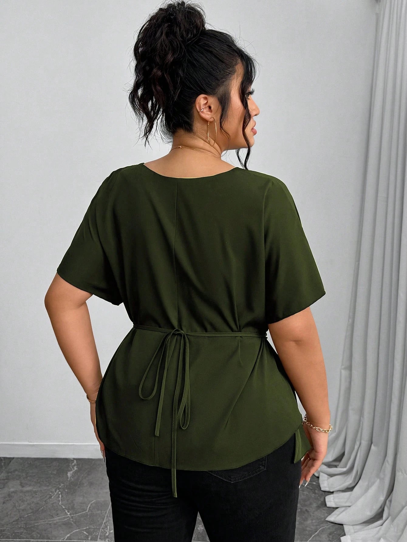 Elenzga Women's Elegant Army Green Summer Shirt,Office Drawstring Bowknot Waist Casual Tops,Work Comfortable Commuting Wrap Asymmetrical Fashion Tops