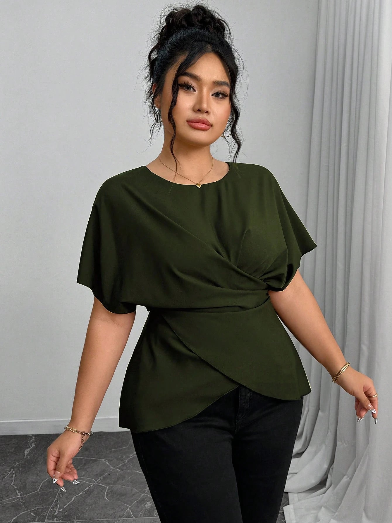 Elenzga Women's Elegant Army Green Summer Shirt,Office Drawstring Bowknot Waist Casual Tops,Work Comfortable Commuting Wrap Asymmetrical Fashion Tops