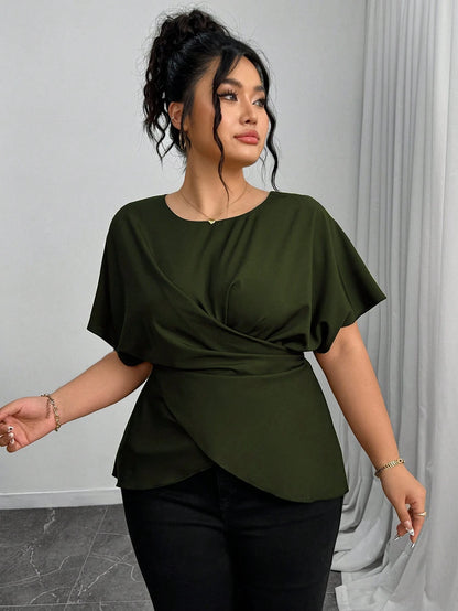 Elenzga Women's Elegant Army Green Summer Shirt,Office Drawstring Bowknot Waist Casual Tops,Work Comfortable Commuting Wrap Asymmetrical Fashion Tops
