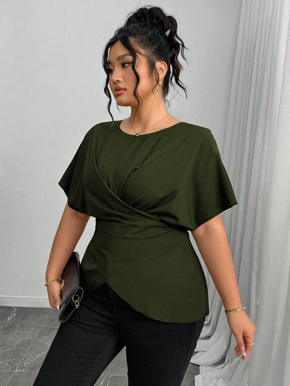 Elenzga Women's Elegant Army Green Summer Shirt,Office Drawstring Bowknot Waist Casual Tops,Work Comfortable Commuting Wrap Asymmetrical Fashion Tops