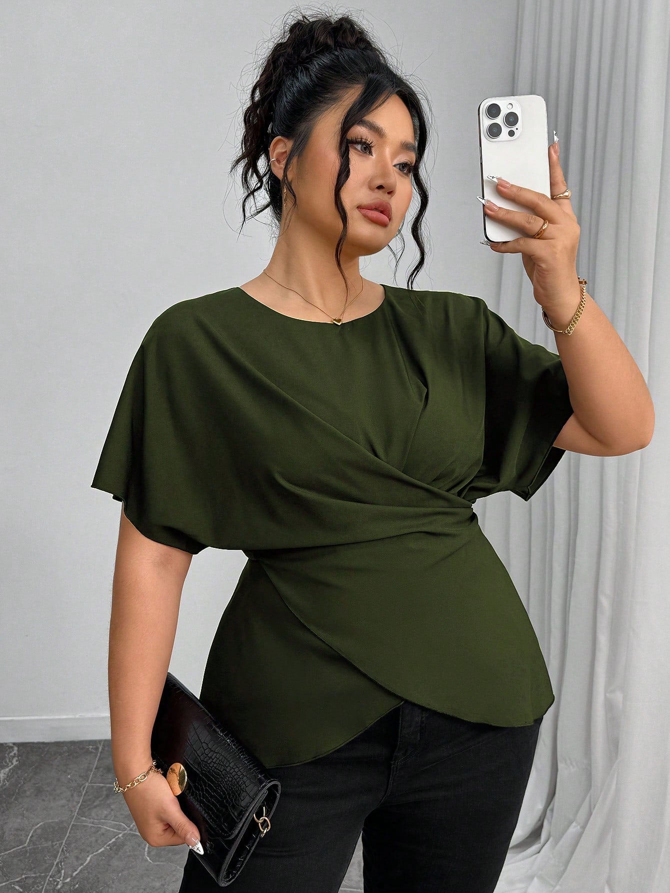 Elenzga Women's Elegant Army Green Summer Shirt,Office Drawstring Bowknot Waist Casual Tops,Work Comfortable Commuting Wrap Asymmetrical Fashion Tops