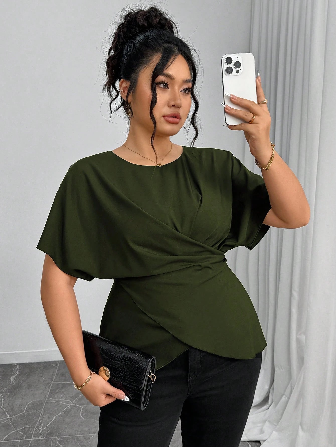 Elenzga Women's Elegant Army Green Summer Shirt,Office Drawstring Bowknot Waist Casual Tops,Work Comfortable Commuting Wrap Asymmetrical Fashion Tops