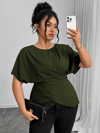 Elenzga Women's Elegant Army Green Summer Shirt,Office Drawstring Bowknot Waist Casual Tops,Work Comfortable Commuting Wrap Asymmetrical Fashion Tops
