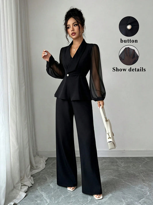 Elenzga Women's Fashion V-Neck Mesh Patchwork Long Sleeve Cinched Waist Slim Fit Casual Daily Commute Elegant Elegant Soft Comfortable Blazer, Suitable For Western Theme Cruise Holiday Celebration Bea
