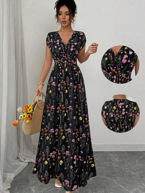 Elenzga Women's V-Neck Sleeveless Ditsy Floral Cinched Waist Maxi Dress