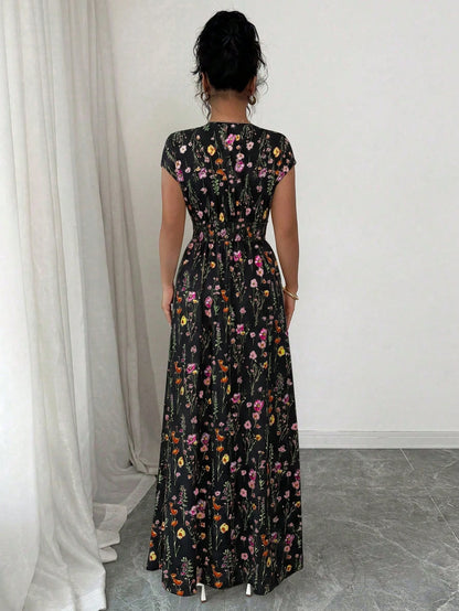 Elenzga Women's V-Neck Sleeveless Ditsy Floral Cinched Waist Maxi Dress