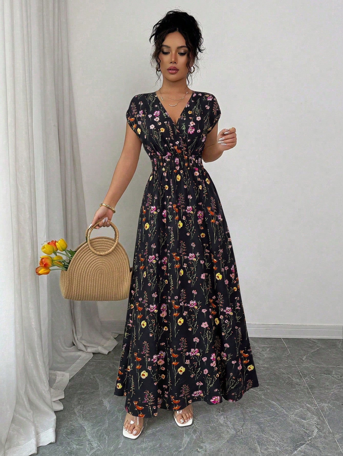Elenzga Women's V-Neck Sleeveless Ditsy Floral Cinched Waist Maxi Dress