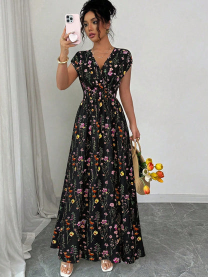Elenzga Women's V-Neck Sleeveless Ditsy Floral Cinched Waist Maxi Dress