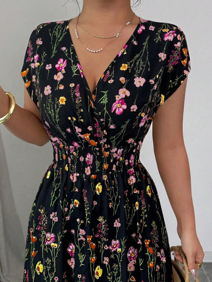 Elenzga Women's V-Neck Sleeveless Ditsy Floral Cinched Waist Maxi Dress