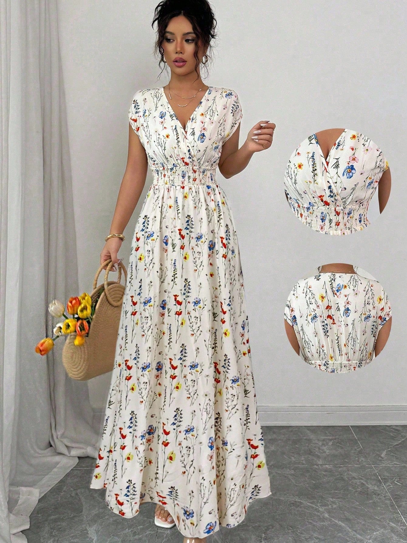 Elenzga Women's V-Neck Sleeveless Ditsy Floral Cinched Waist Maxi Dress