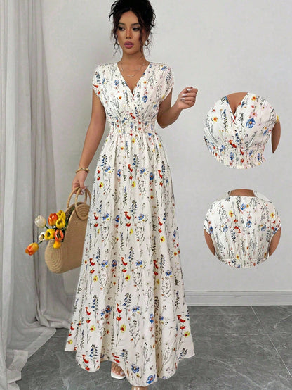 Elenzga Women's V-Neck Sleeveless Ditsy Floral Cinched Waist Maxi Dress