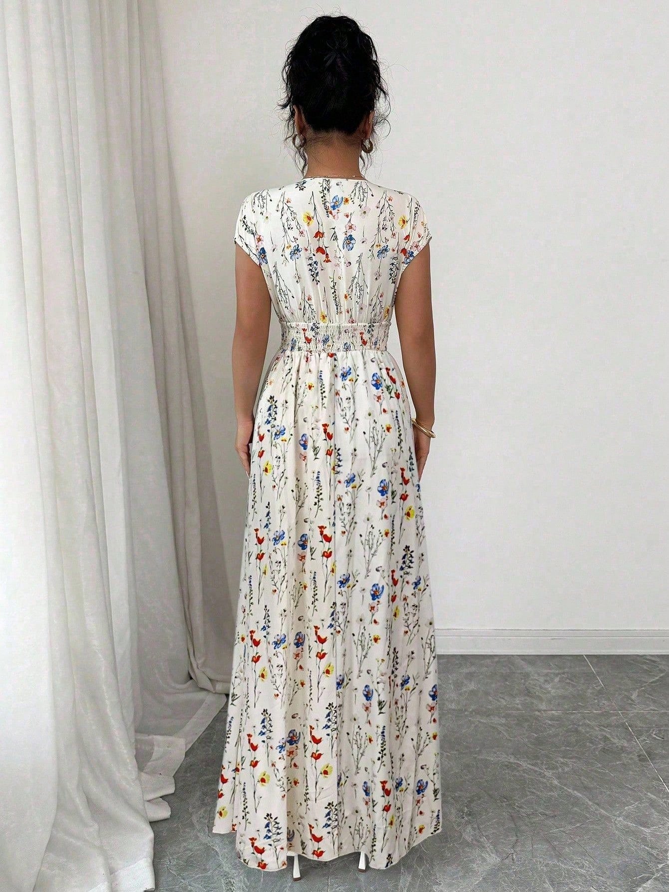Elenzga Women's V-Neck Sleeveless Ditsy Floral Cinched Waist Maxi Dress