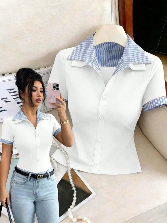 Elenzya Best-Selling Blue & White Striped Collar Patchwork Black Knit Buttoned Cuff Decor Short Sleeve Striped Knit T-Shirt