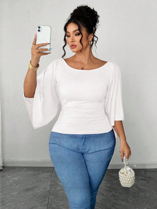 Elenzya Plus Size Women's Knitted High Stretch Bell Sleeve Round Neck Solid Color Elegant T-Shirt Fall