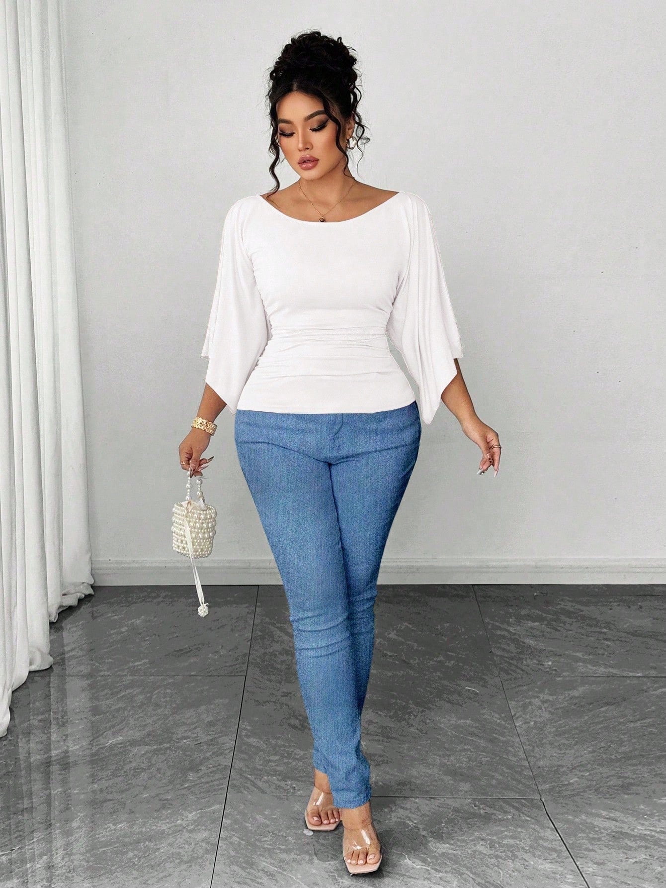 Elenzya Plus Size Women's Knitted High Stretch Bell Sleeve Round Neck Solid Color Elegant T-Shirt Fall