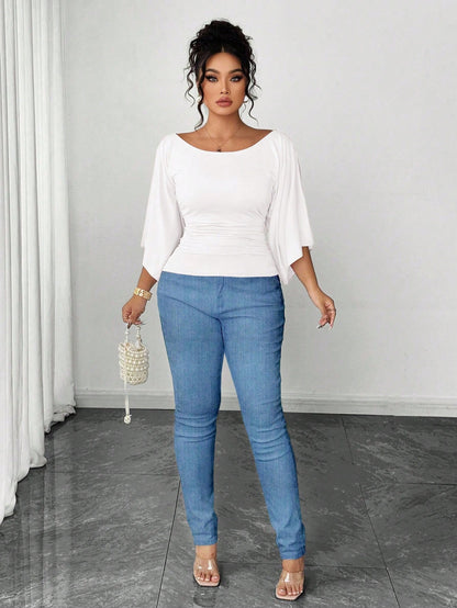 Elenzya Plus Size Women's Knitted High Stretch Bell Sleeve Round Neck Solid Color Elegant T-Shirt Fall