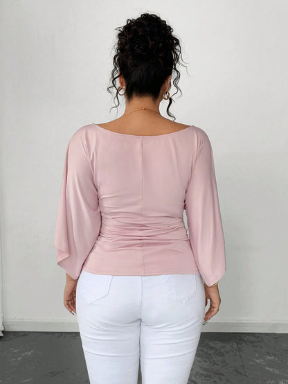 Elenzya Plus Size Women's Knitted High Stretch Bell Sleeve Round Neck Solid Color Elegant T-Shirt Fall