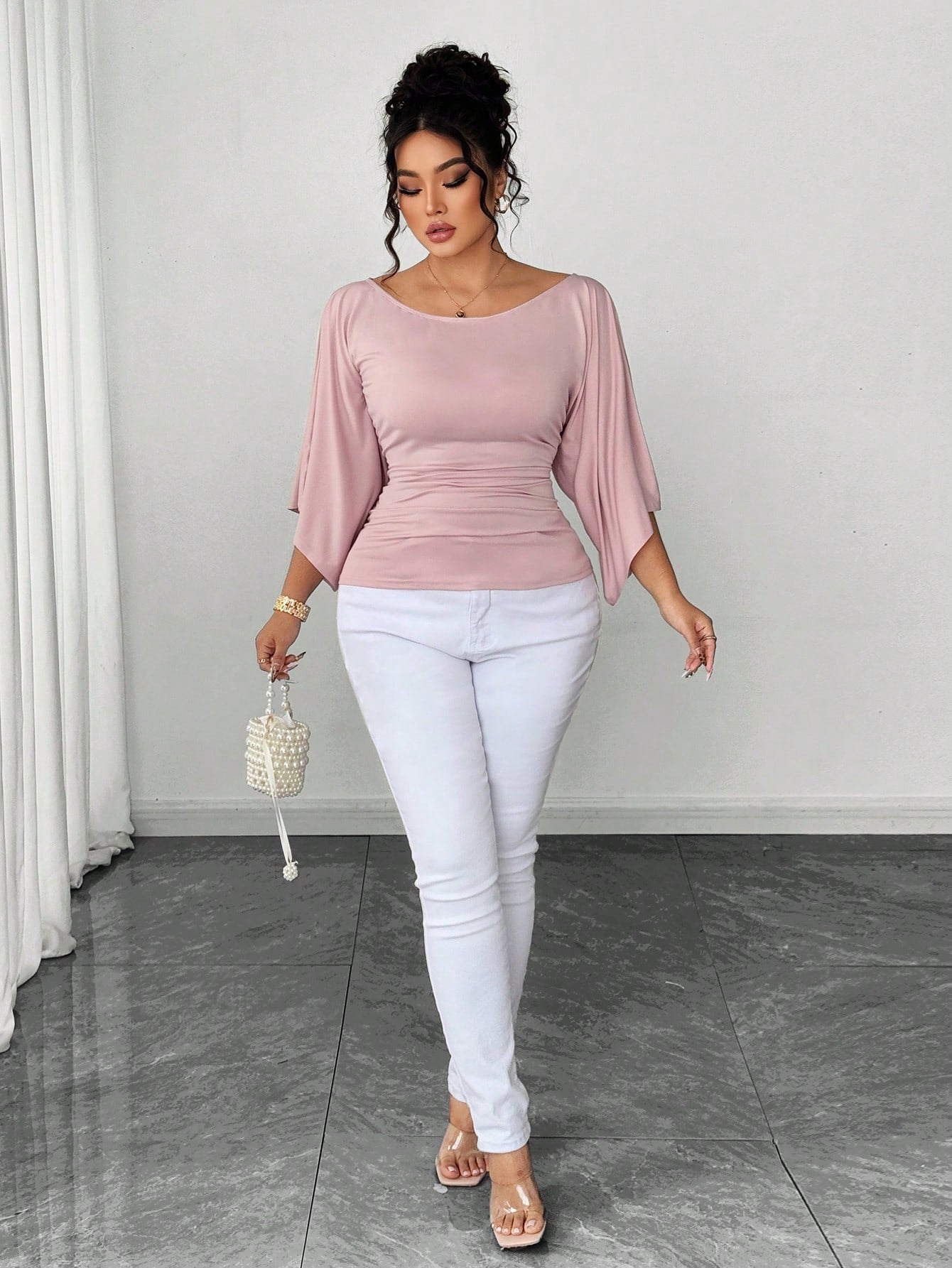 Elenzya Plus Size Women's Knitted High Stretch Bell Sleeve Round Neck Solid Color Elegant T-Shirt Fall